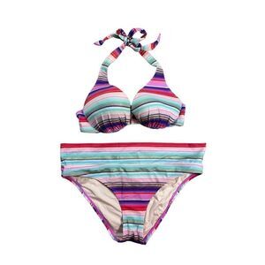 Victoria's Secret Matching Bikini Swim Set Padded Halter Top Multi Stripe 34C M